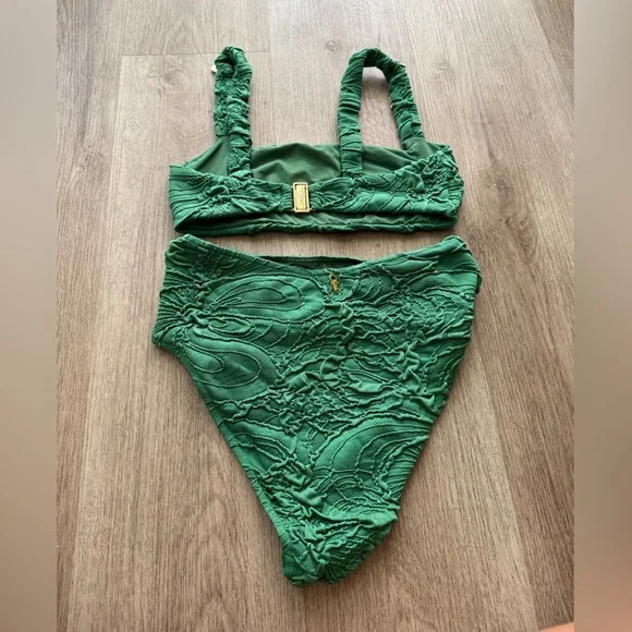 patbo green jacquard high waist two piece flower detail bikini swimwear small - Picture 2 of 4